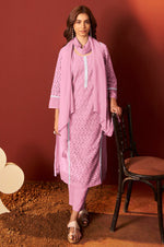 Pink Pure Cotton Schiffly Kurta Set with Dupatta For Women