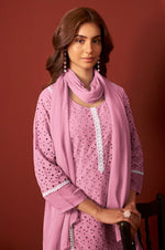 Pink Pure Cotton Schiffly Kurta Set with Dupatta For Women