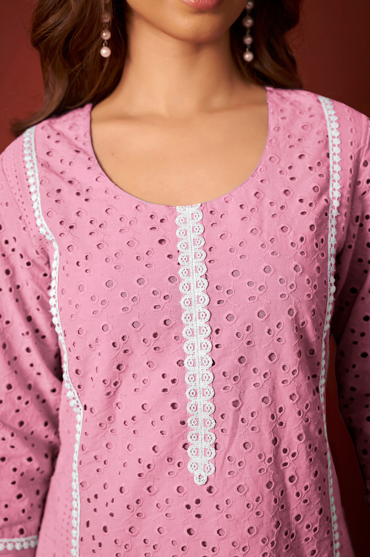 Pink Pure Cotton Schiffly Kurta Set with Dupatta For Women
