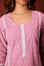 Pink Pure Cotton Schiffly Kurta Set with Dupatta For Women