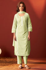 Pista Green Pure Cotton Schiffly Kurta Set with Dupatta For Women
