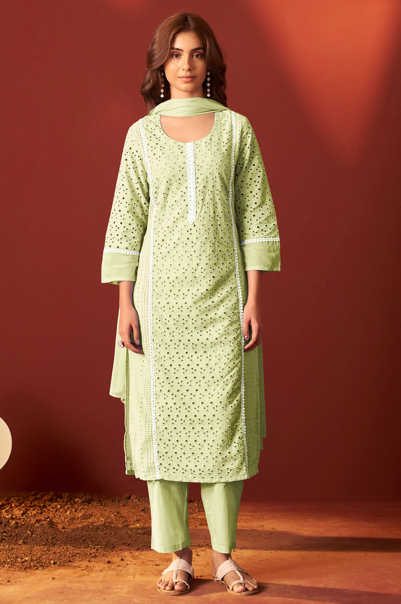 Pista Green Pure Cotton Schiffly Kurta Set with Dupatta For Women