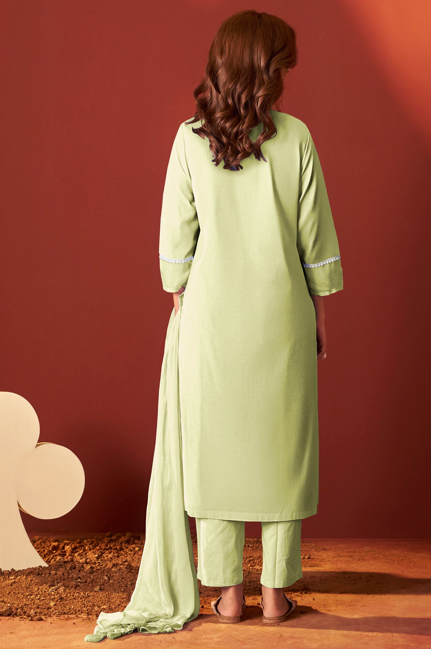 Pista Green Pure Cotton Schiffly Kurta Set with Dupatta For Women