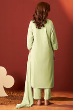 Pista Green Pure Cotton Schiffly Kurta Set with Dupatta For Women