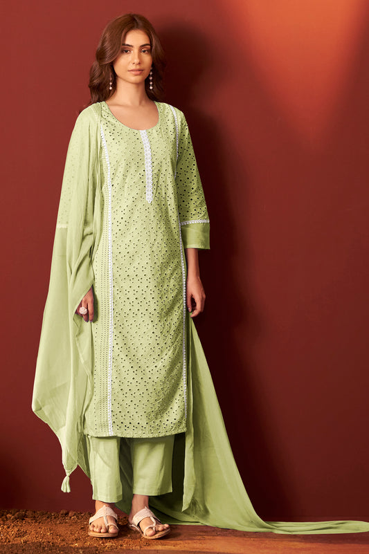 Pista Green Pure Cotton Schiffly Kurta Set with Dupatta For Women