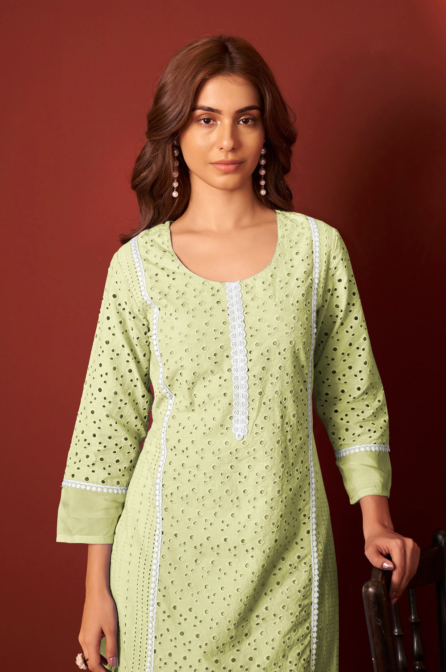 Pista Green Pure Cotton Schiffly Kurta Set with Dupatta For Women