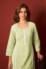 Pista Green Pure Cotton Schiffly Kurta Set with Dupatta For Women