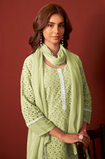 Pista Green Pure Cotton Schiffly Kurta Set with Dupatta For Women
