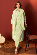 Pista Green Pure Cotton Schiffly Kurta Set with Dupatta For Women