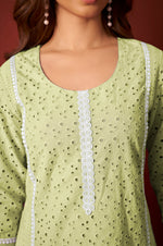 Pista Green Pure Cotton Schiffly Kurta Set with Dupatta For Women
