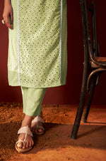 Pista Green Pure Cotton Schiffly Kurta Set with Dupatta For Women