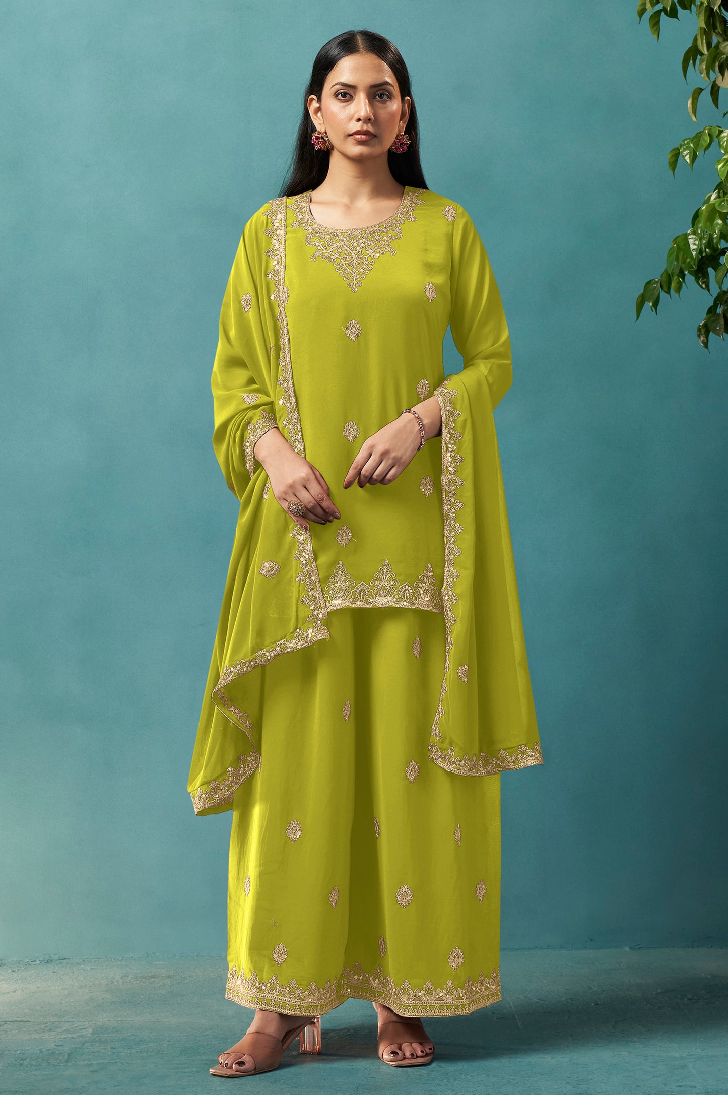 Green Embroidered Georgette Flared Kurta with Matching Sharara and Embroidered Dupatta Set