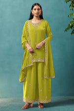 Green Embroidered Georgette Flared Kurta with Matching Sharara and Embroidered Dupatta Set