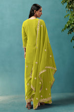 Green Embroidered Georgette Flared Kurta with Matching Sharara and Embroidered Dupatta Set