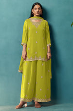 Green Embroidered Georgette Flared Kurta with Matching Sharara and Embroidered Dupatta Set
