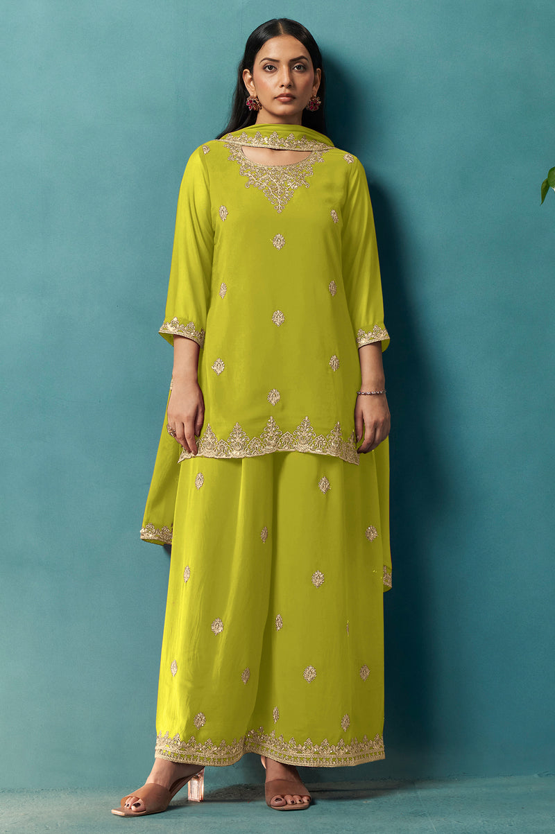 Green Embroidered Georgette Flared Kurta with Matching Sharara and Embroidered Dupatta Set