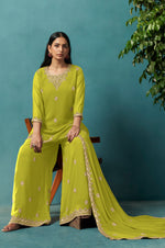 Green Embroidered Georgette Flared Kurta with Matching Sharara and Embroidered Dupatta Set