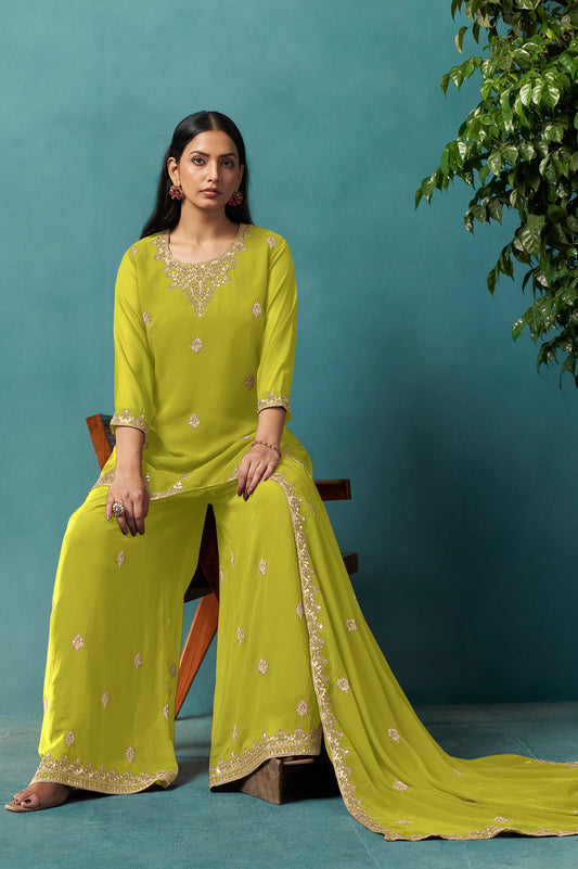 Green Embroidered Georgette Flared Kurta with Matching Sharara and Embroidered Dupatta Set