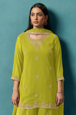 Green Embroidered Georgette Flared Kurta with Matching Sharara and Embroidered Dupatta Set