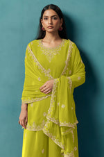 Green Embroidered Georgette Flared Kurta with Matching Sharara and Embroidered Dupatta Set