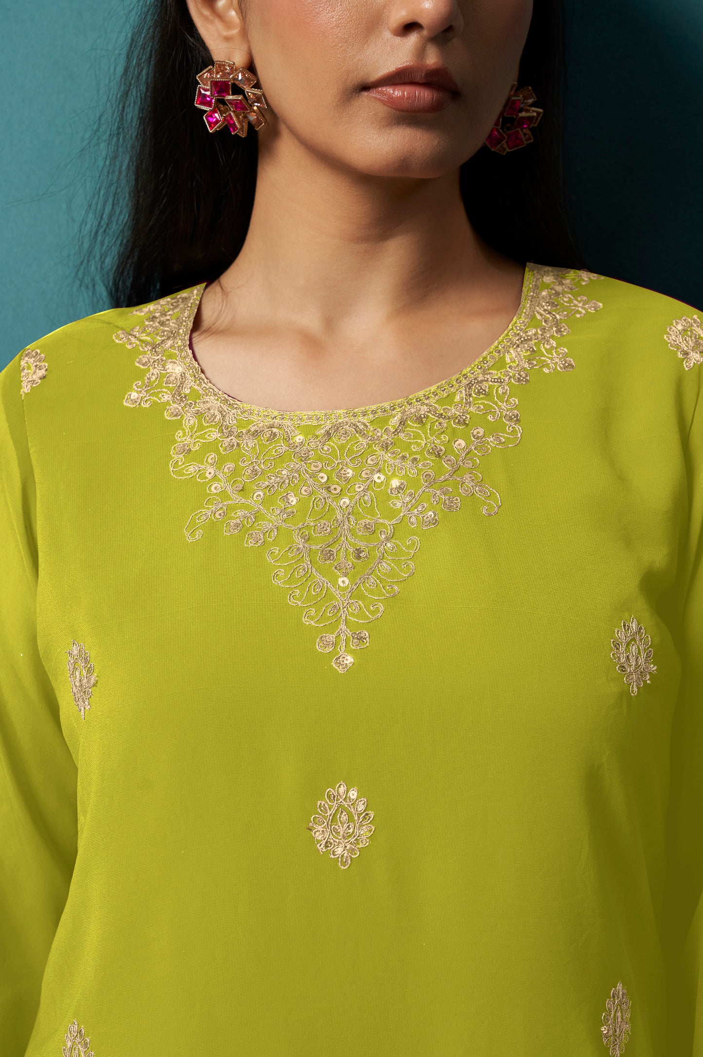 Green Embroidered Georgette Flared Kurta with Matching Sharara and Embroidered Dupatta Set