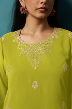 Green Embroidered Georgette Flared Kurta with Matching Sharara and Embroidered Dupatta Set