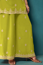 Green Embroidered Georgette Flared Kurta with Matching Sharara and Embroidered Dupatta Set