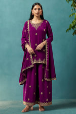 Wine Embroidered Georgette Flared Kurta with Matching Sharara and Embroidered Dupatta Set
