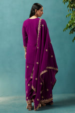 Wine Embroidered Georgette Flared Kurta with Matching Sharara and Embroidered Dupatta Set