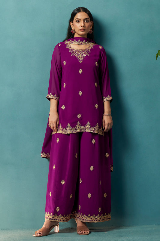 Wine Embroidered Georgette Flared Kurta with Matching Sharara and Embroidered Dupatta Set