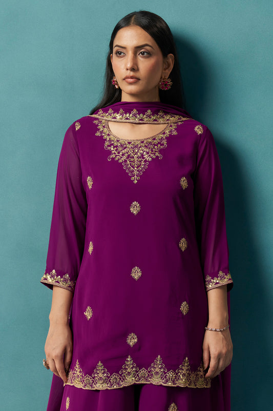 Wine Embroidered Georgette Flared Kurta with Matching Sharara and Embroidered Dupatta Set
