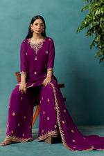 Wine Embroidered Georgette Flared Kurta with Matching Sharara and Embroidered Dupatta Set