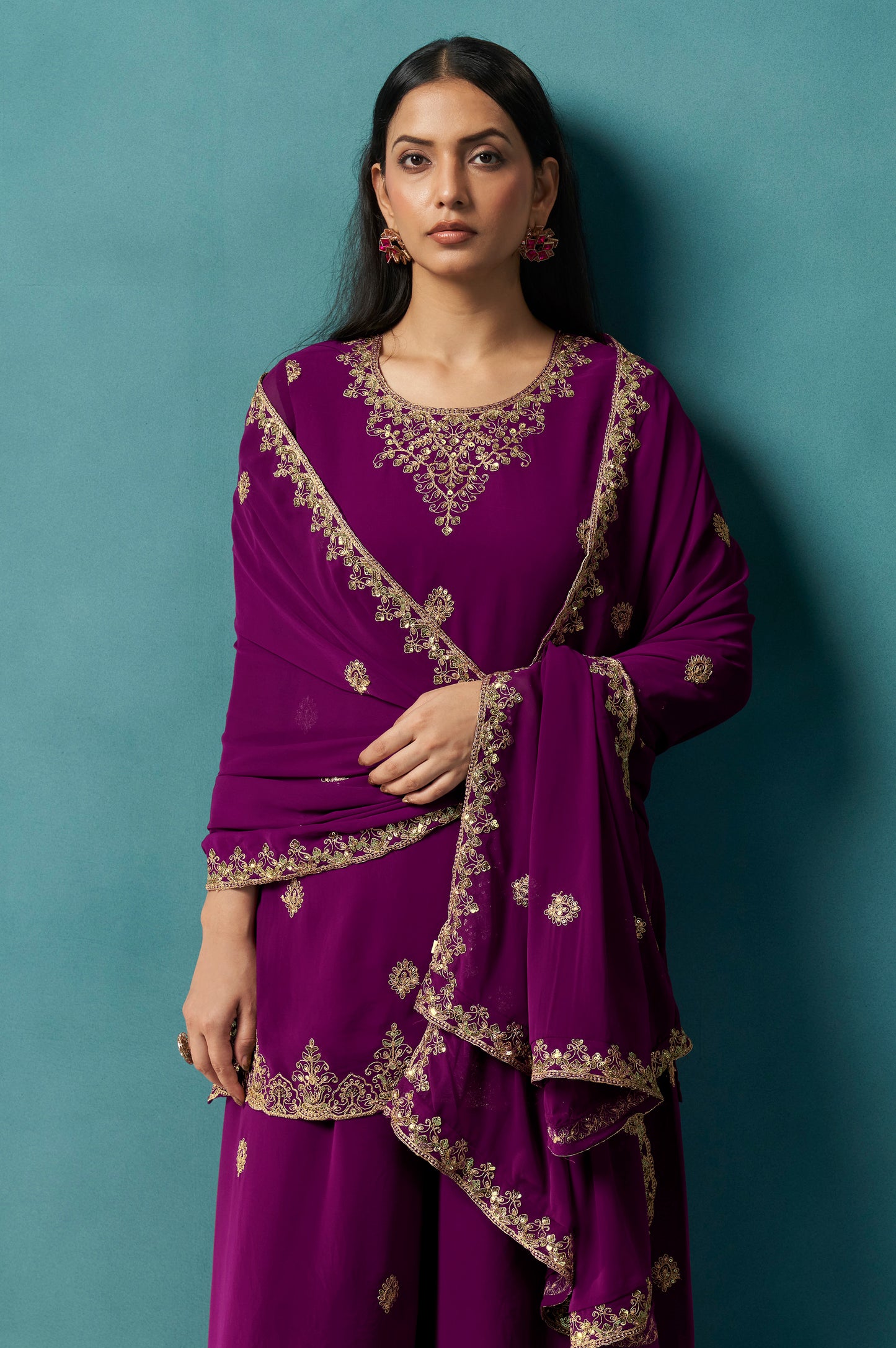 Wine Embroidered Georgette Flared Kurta with Matching Sharara and Embroidered Dupatta Set
