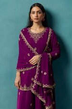 Wine Embroidered Georgette Flared Kurta with Matching Sharara and Embroidered Dupatta Set