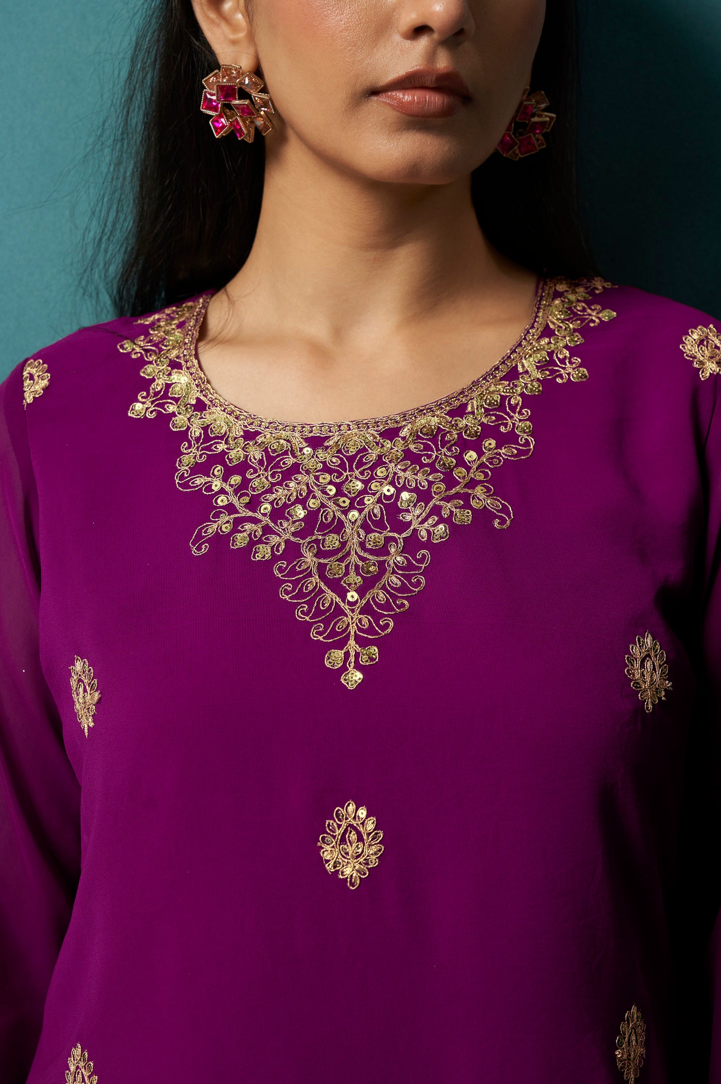 Wine Embroidered Georgette Flared Kurta with Matching Sharara and Embroidered Dupatta Set