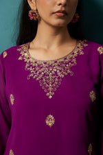 Wine Embroidered Georgette Flared Kurta with Matching Sharara and Embroidered Dupatta Set