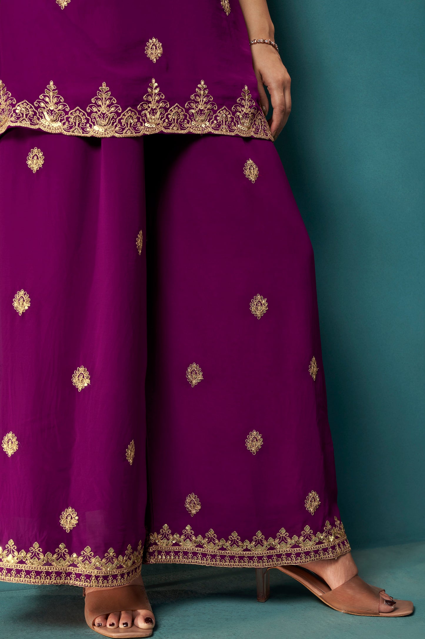 Wine Embroidered Georgette Flared Kurta with Matching Sharara and Embroidered Dupatta Set
