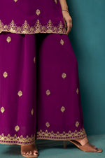 Wine Embroidered Georgette Flared Kurta with Matching Sharara and Embroidered Dupatta Set