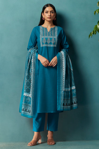 Blue Cotton Blend Digital Printed Straight Kurta Set