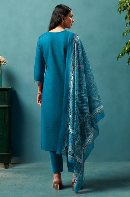 Blue Cotton Blend Digital Printed Straight Kurta Set