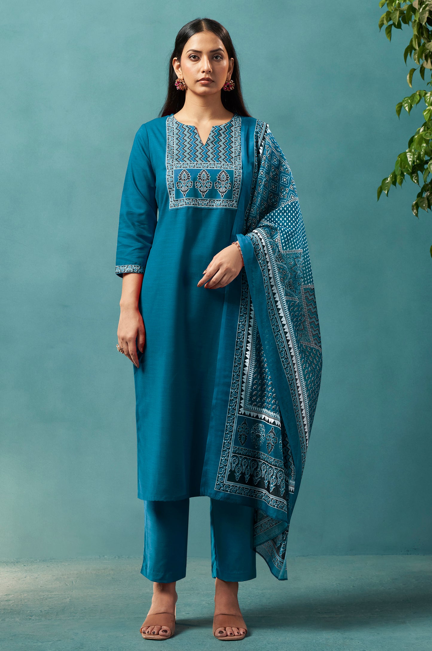 Blue Cotton Blend Digital Printed Straight Kurta Set