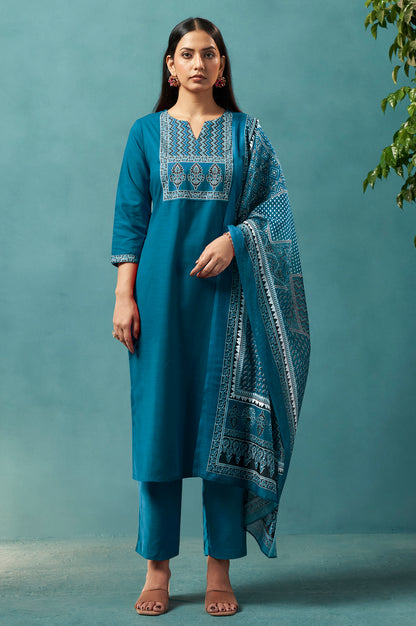 Blue Cotton Blend Digital Printed Straight Kurta Set