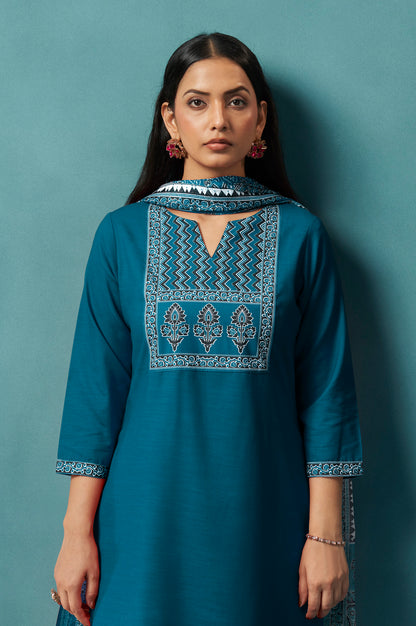 Blue Cotton Blend Digital Printed Straight Kurta Set