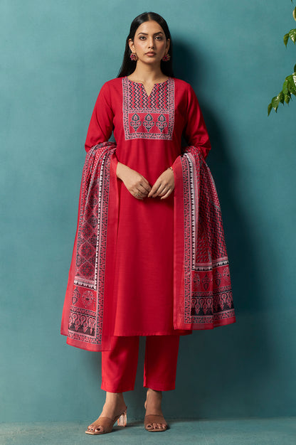 Red Cotton Blend Digital Printed Straight Kurta Set