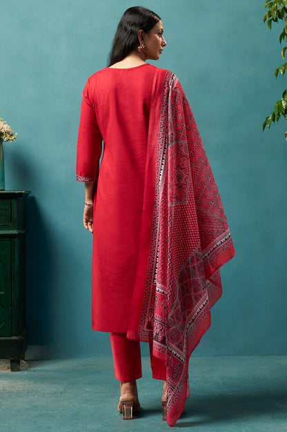 Red Cotton Blend Digital Printed Straight Kurta Set