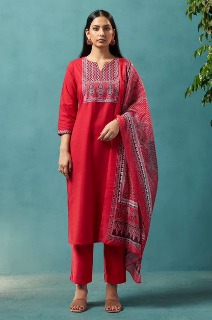 Red Cotton Blend Digital Printed Straight Kurta Set