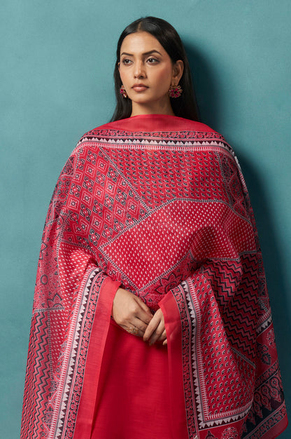 Red Cotton Blend Digital Printed Straight Kurta Set