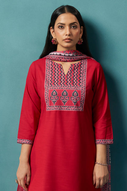Red Cotton Blend Digital Printed Straight Kurta Set