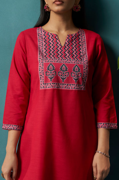 Red Cotton Blend Digital Printed Straight Kurta Set