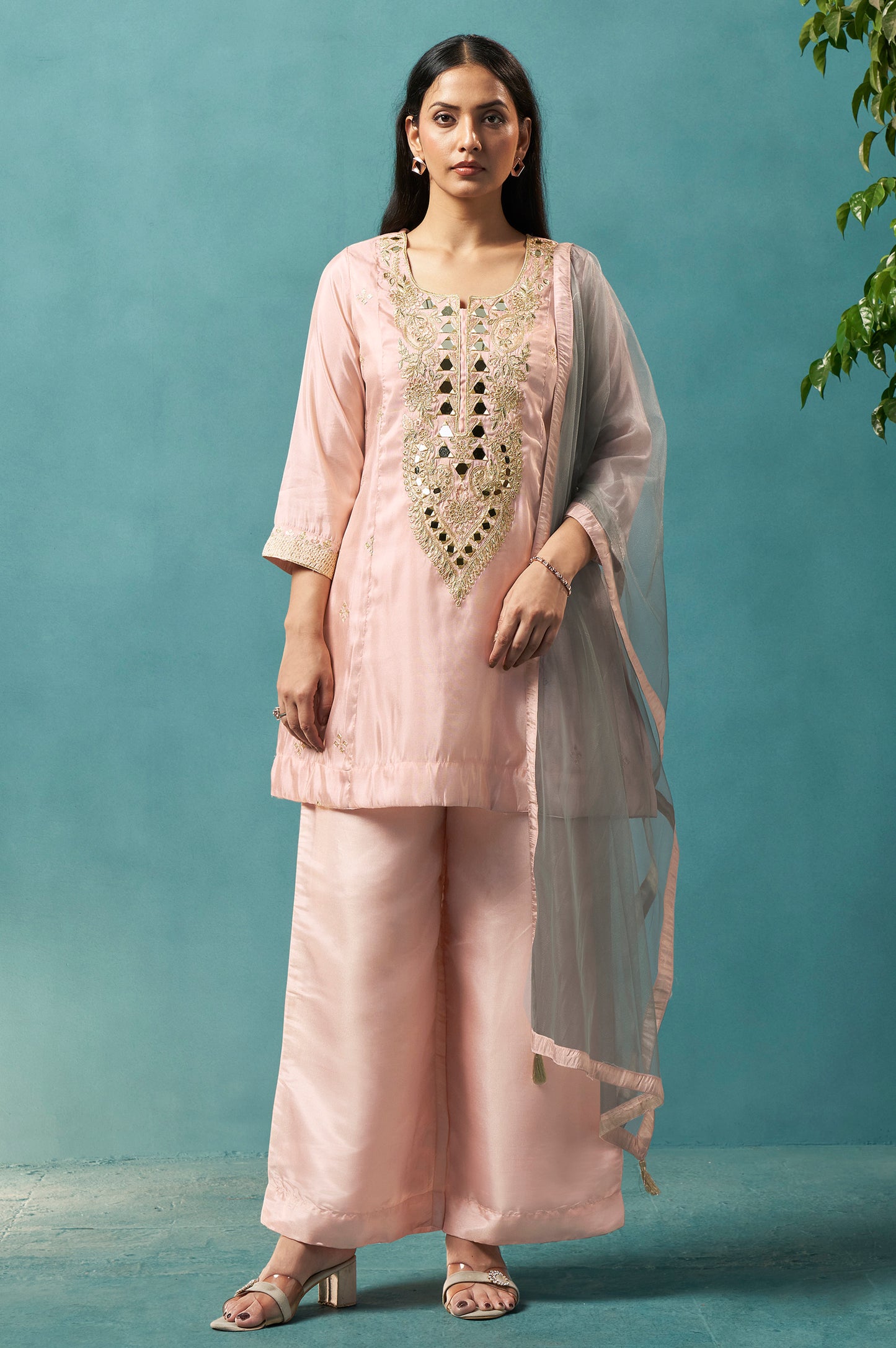 Light Pink Silk Blend Embroidery Straight Kurta Set